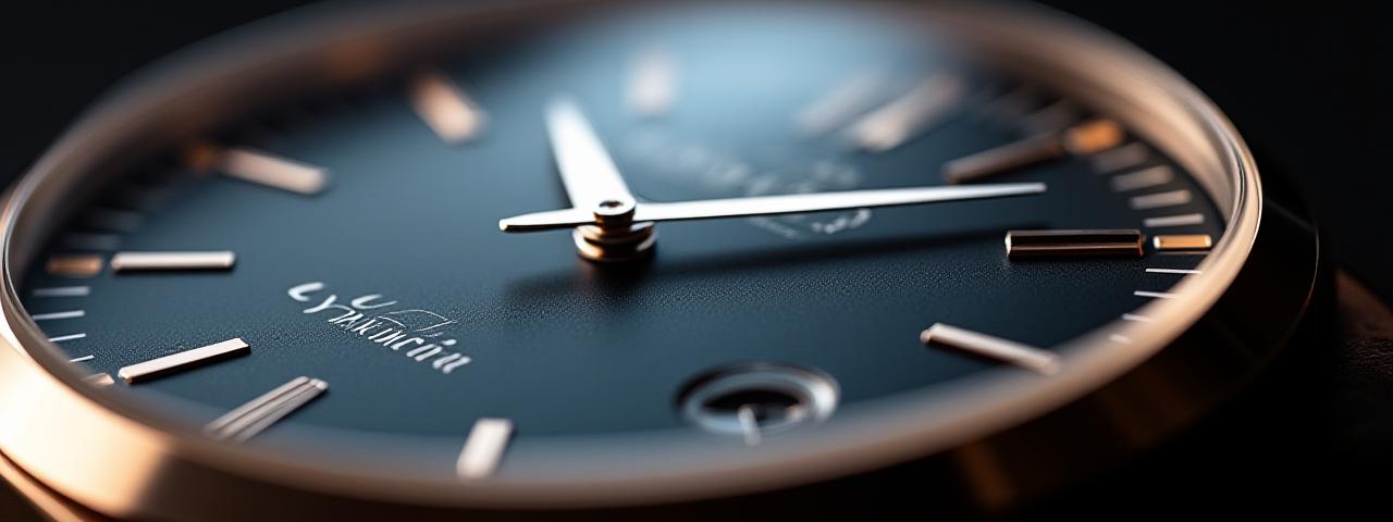 マクロ撮影された狼ダイヤルの時計の文字盤、精密な針とインデックスが強調されている